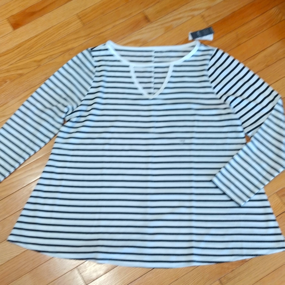 - - Lane Bryant black & cream striped light weight waffle knit swing colle…
